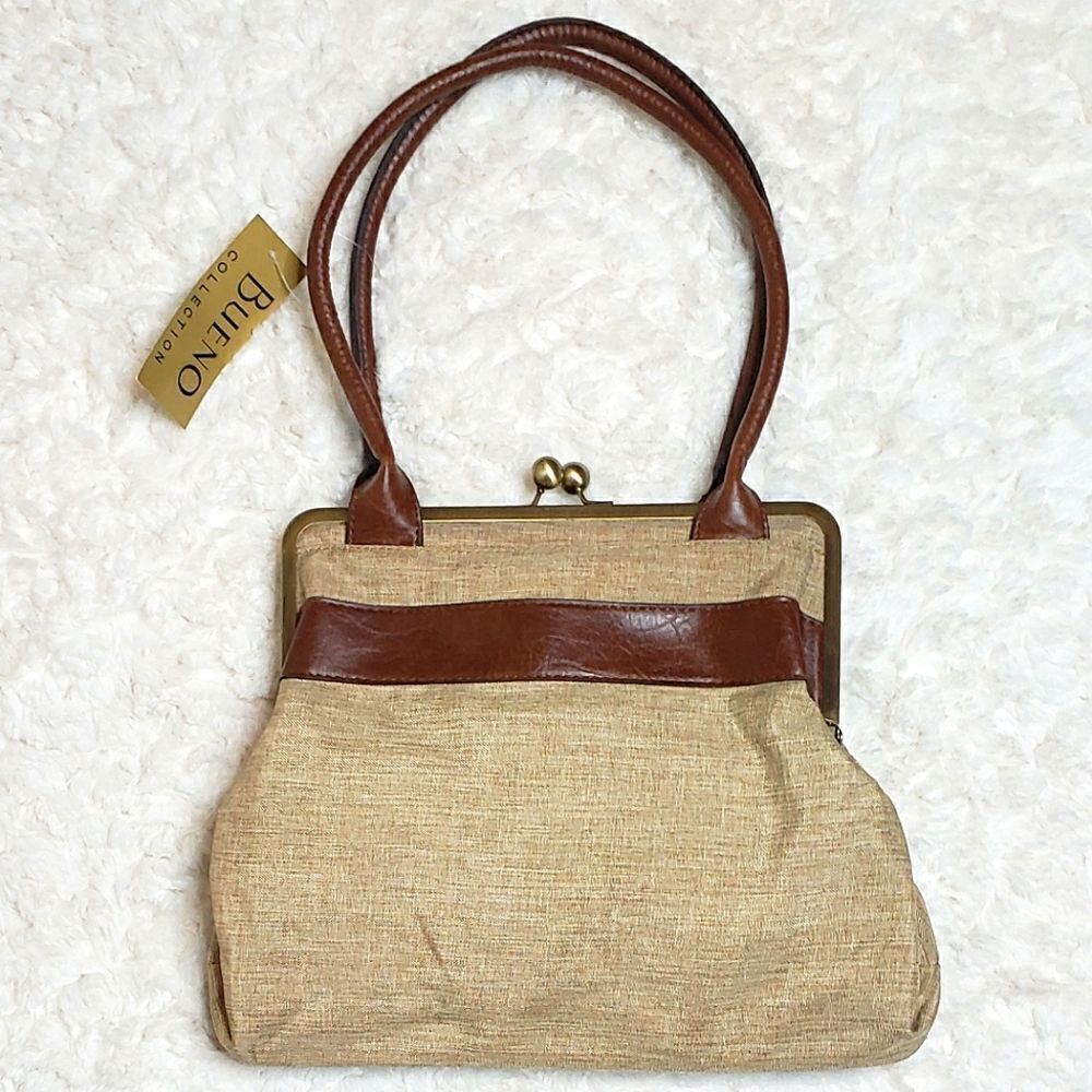 Bueno Handbag Purse Kiss Snap Closure Boho Retro Faux Snakeskin Accent - Picture 2 of 8